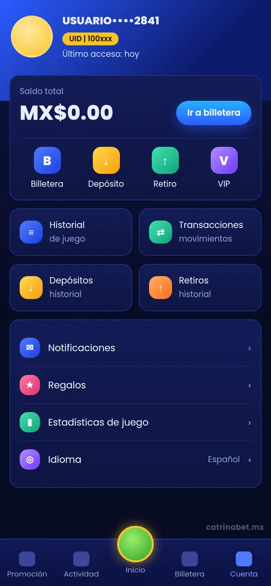 Ilustración de la pantalla Cuenta con saldo en MX$, depósito, retiro y VIP