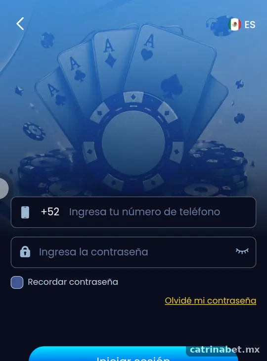 Pantalla de inicio de sesión de CatrinaBet con prefijo +52 y contraseña