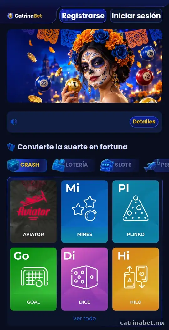 Pantalla de inicio de CatrinaBet en móvil con categorías Crash, Lotería y Slots