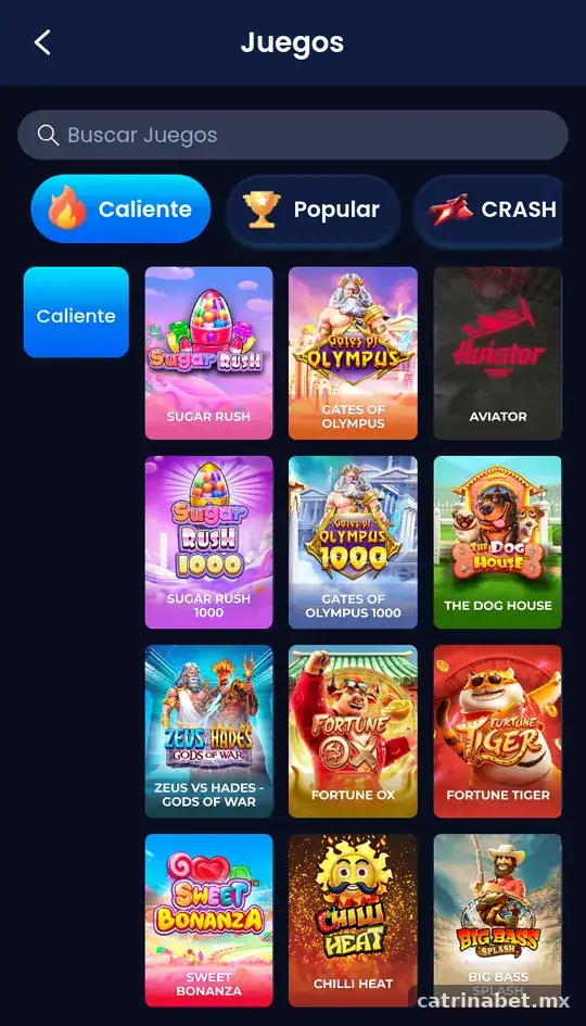 Lobby de juegos de CatrinaBet con buscador y pestañas Caliente, Popular y Crash