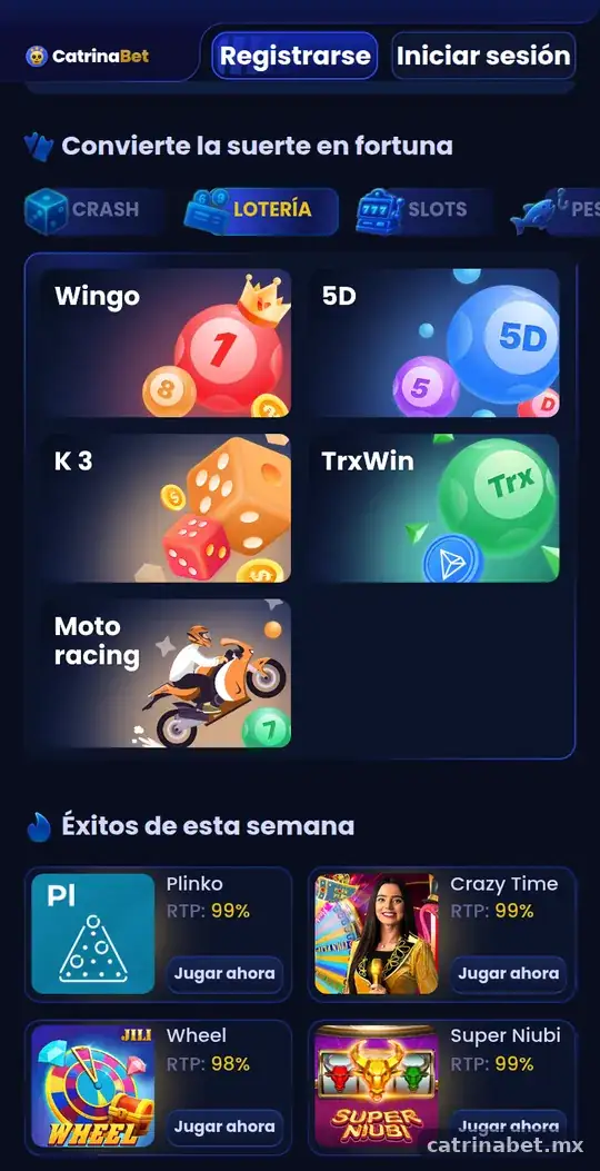 Pestaña Lotería de CatrinaBet con WinGo, 5D, K3, TrxWin y Moto Racing