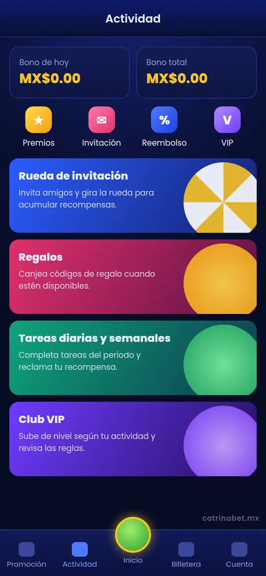 Ilustración de la sección Actividad con rueda de invitación, regalos, tareas y VIP