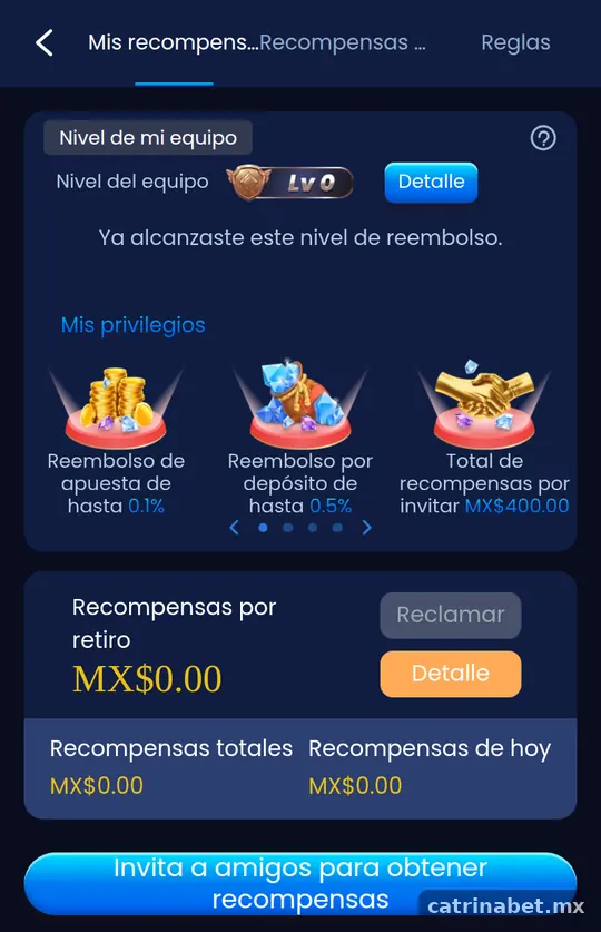 Sección Mis recompensas de CatrinaBet con niveles de equipo y reembolsos por invitar