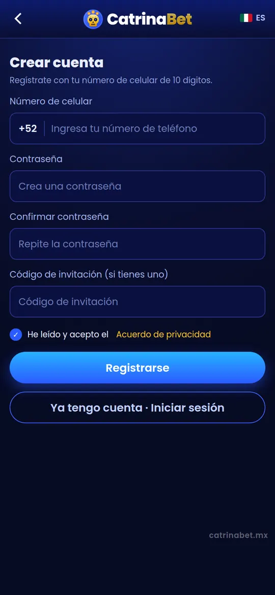 Ilustración del formulario de registro de CatrinaBet con número +52 y contraseña