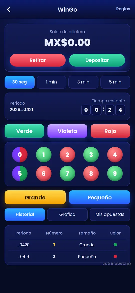 Ilustración del juego WinGo con colores verde, violeta y rojo y números 0 a 9